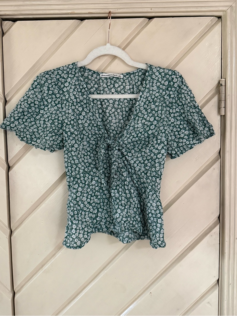 Abercrombie & Fitch Teal Floral Tie-Front Puff Sleeve Blouse